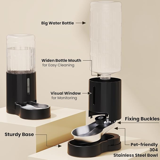 CZPET Dog Water Bowl Dispenser 9.5L, Wider Mouth & Upgraded Brush, Easy Cleaning Automatic Cat Gravity Refilling Waterer with Removable Stainless Steel Bowl, Large Drinking Area for Multi-Pet (Black)