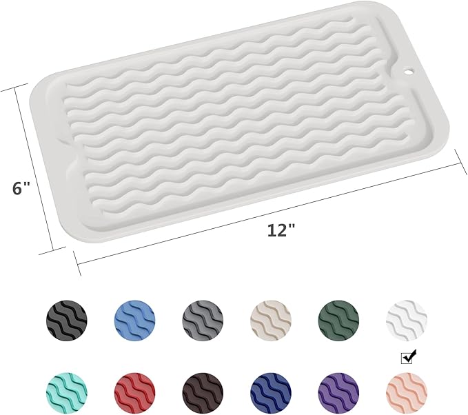 ZLR Silicone Sink Caddy Tray (6" x 12" / 153 x 305mm) - Narrow Sponge Holder for Kitchen Counter - Waterproof Dish Drying Mat, Non-Slip Soap Dispenser Mat & Bathroom Vanity Organizer (Milk White)