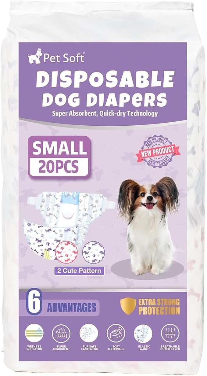 Pet Soft Female Dog Diapers - Disposable Doggie Diapers with Wetness Indicator, Puppy & Cat Diaper Super Absorbent, Fit for Female Dog in Heat or Incontinence, 20pcs (S, Mixed)