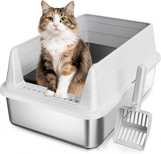Stainless Steel Cat Litter Box for Small Cats, Odor Free Metal Litter Box with High Sides Lid, Open Top Low Entry Litter Pan Include Scoop Easy Cleaning Kitty Cat Box Anti-Urine Leakage, Non-Sticky