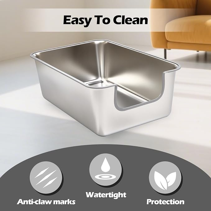 Stainless Steel Cat Litter Box,Jumbo XL Extra Large Mental Cat Litter Pan with High Sides Lid,Low Entry for Indoor Big Cats,Non Sticky,Easy to Clean,Anti-Urine Leakage