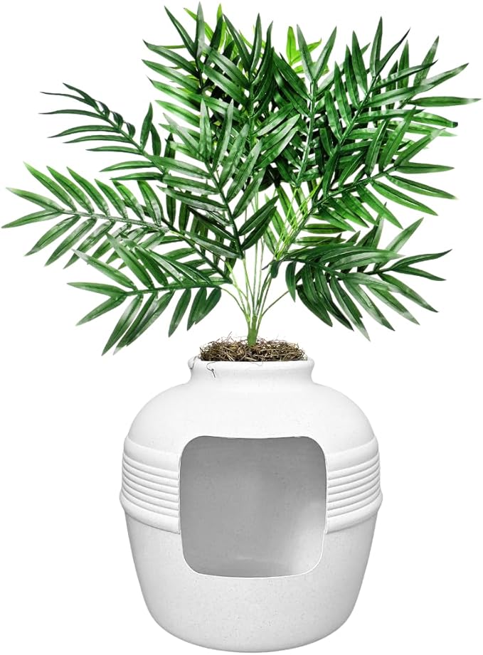 Good Pet Stuff Original Hidden Litter Box Planter, Decorative Cat Litter Enclosure, Carbon Filter, Faux Plant, Round Design, Easy to Clean, Base Kit, Palm Plant, Soft White