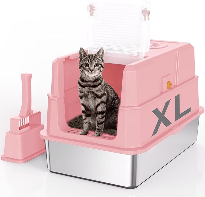 SZEE Stainless Steel Cat Litter Box with 180°Flip-Top Lid, Easy Clean XL Enclosed Litter Box, Large Covered Steel Cat Box with Scoop, Odor Control and Anti-Urine Leakage, 23.2 * 15 * 15 Inch, Pink