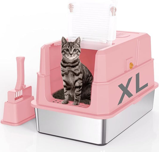 SZEE Stainless Steel Cat Litter Box with 180°Flip-Top Lid, Easy Clean XL Enclosed Litter Box, Large Covered Steel Cat Box with Scoop, Odor Control and Anti-Urine Leakage, 23.2 * 15 * 15 Inch, Pink