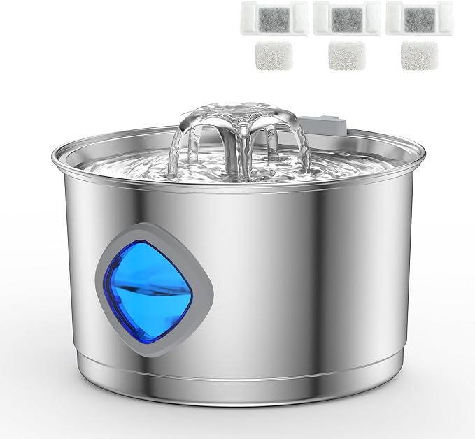 Stainless Steel Cat Water Fountain, 95oz/2.8L Automatic Cat Water Dispenser with 3 Replacement Filters, Pet Fountain for Cats Dogs Indoor, Water Level Window, Quiet Water Pump