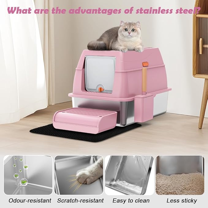 SZEE XL Stainless Steel Litter Box with Lid, Extra Large Metal Covered Litter Box, Stainless Box Easy Clean, Activated Charcoal Odor Control Design, Includes Litter Scoop & Mat & Step, Pink