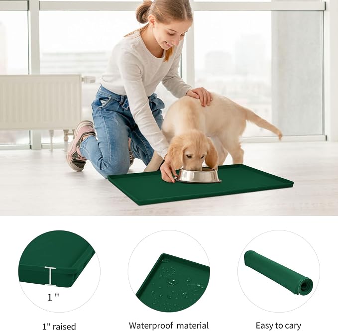 Dog Food Mat,Silicone Waterproof Food Tray,Non Slip Pet Bowl Mats Placemat,1" Raised Edge,Suitable for Most Small and Medium Sized Pets,32" x 24"