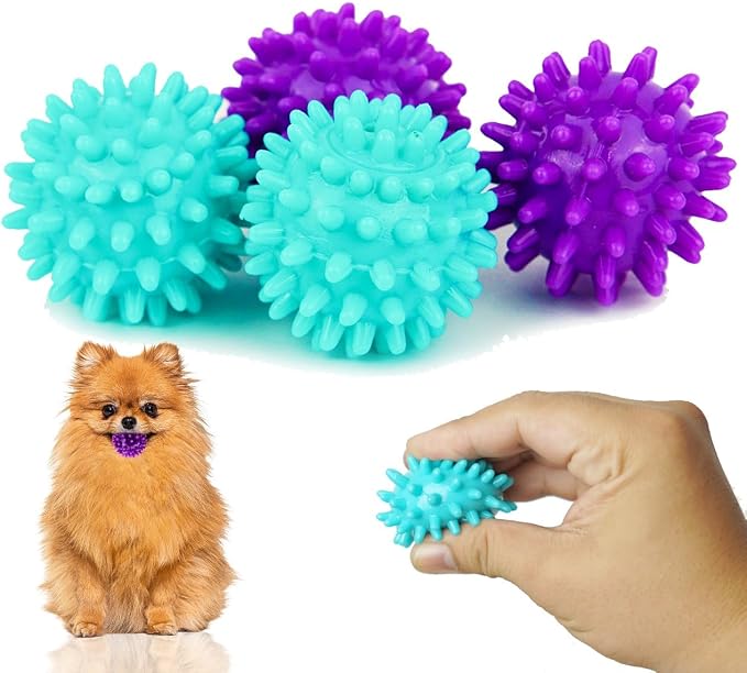 Spiky Dog Ball 1.8 Inch - Squeaky Textured Chew Toy for Small Dogs 4 Pack - Rubber Ball for Puppies, Aggressive Chewers, Gum Stimulation - Non-Toxic