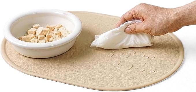 Silicone Pet Feeding Mat for Cats & Small Dogs, Non-Slip Waterproof Dog & Cat Bowl Mat with Raised Spill Edge, Made in Korea (Caramel Beige, 15.7" × 11.4")