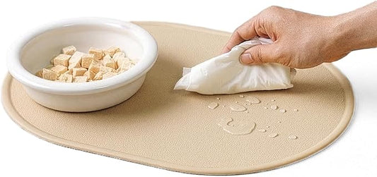 Silicone Pet Feeding Mat for Cats & Small Dogs, Non-Slip Waterproof Dog & Cat Bowl Mat with Raised Spill Edge, Made in Korea (Caramel Beige, 15.7" × 11.4")