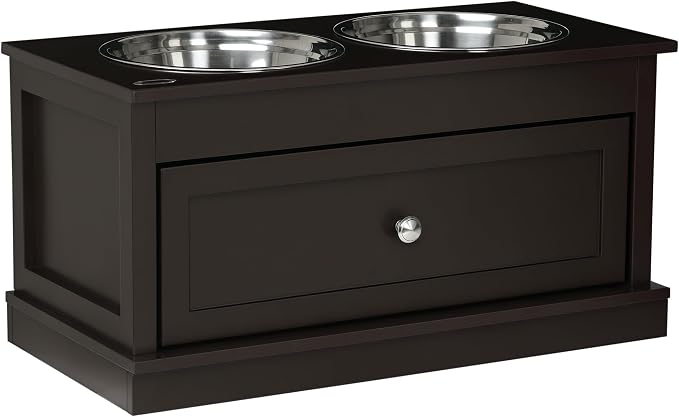 PawHut Large Elevated Dog Bowls with Storage Drawer - 11L Capacity, Raised Dog Bowl Stand Feeding Station, Brown