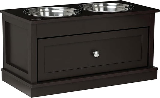 PawHut Large Elevated Dog Bowls with Storage Drawer - 11L Capacity, Raised Dog Bowl Stand Feeding Station, Brown