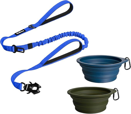PetBonus Heavy Duty Tactical Dog Leash and 2-Pack Large Silicone Collapsible Dog Bowls