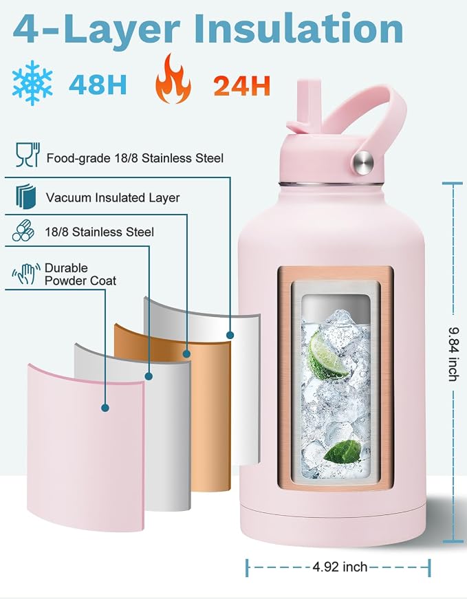 BENZZO 64 oz Insulated Water Bottle with Straw & Auto Spout Lid Protective Boot - Half Gallon Water Bottle Keep Cold 48Hrs & Hot 24 Hrs, Stainless Steel 1/2 Gallon Water Jug for Sports Gym Work