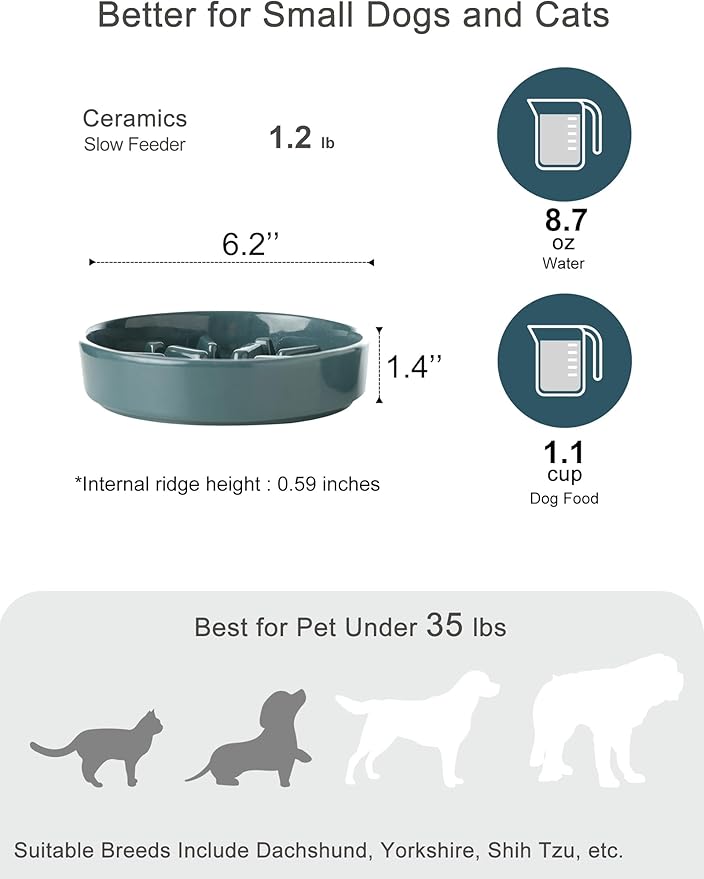 Ceramic Slow Feeder Dog Bowl, Maze Puzzle Non-Slip Silicone Base Stoneware Bowl for Small Medium Dogs, Heavy Duty Anti-Bloat Dog Food Bowl Dishwasher Safe – Blue, Small