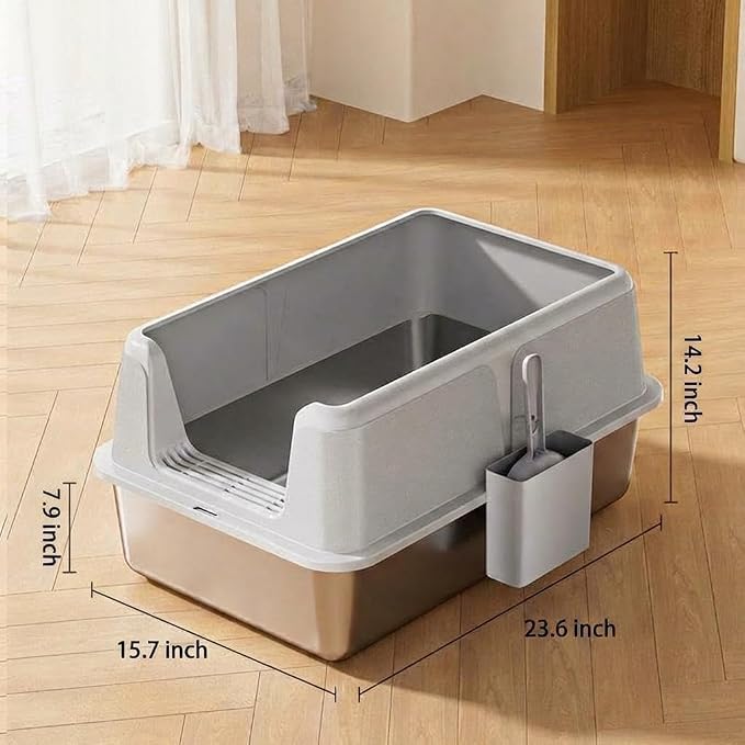 Stainless Steel Cat Litter Box, XL Enclosed Metal Litter Box with Lid & Side Litters Filter, Anti-Leak Non-Stick Design, Includes Scoop for Large Cats 8'' Deep Grey