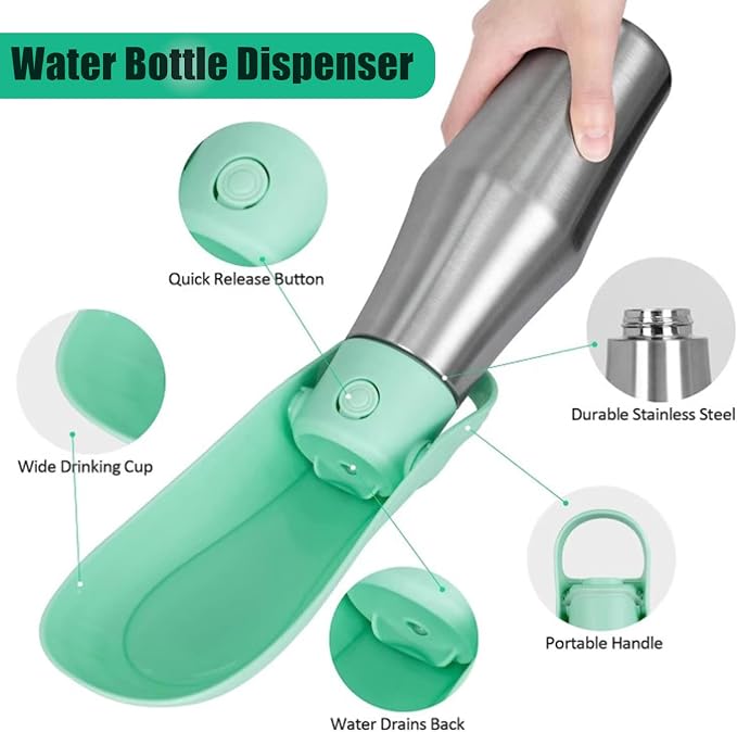 Portable Dog Water Bottle with Dispenser, 750ml Stainless Steel Travel Cup and Collapsible Water Bowl for Outdoor Activities, Walking,Hiking, Road Trips (Light Green)