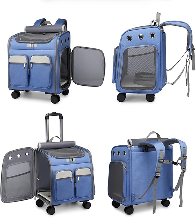 Pet Travel Carrier with Removable Rolling Wheels, Cat Rolling Carrier Backpack Pet Stroller Luggage Bag for Dogs Cats Puppy,Mesh Ventilation Windows, 2 Storage Pockets,Telescopic Handle