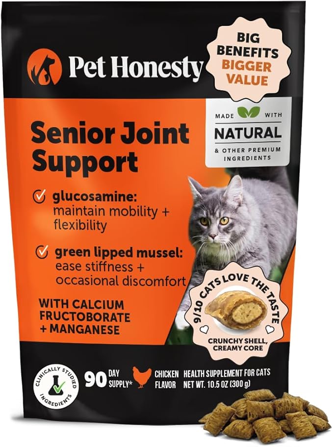 Senior Cat Joint Supplement Crunchy Creamy Hip + Joint for Cats - Ease Mobility Stiffness with Glucosamine Chondroitin, Green Lipped Mussel, Flexibility + Joint Support Chews (90-Day Supply)