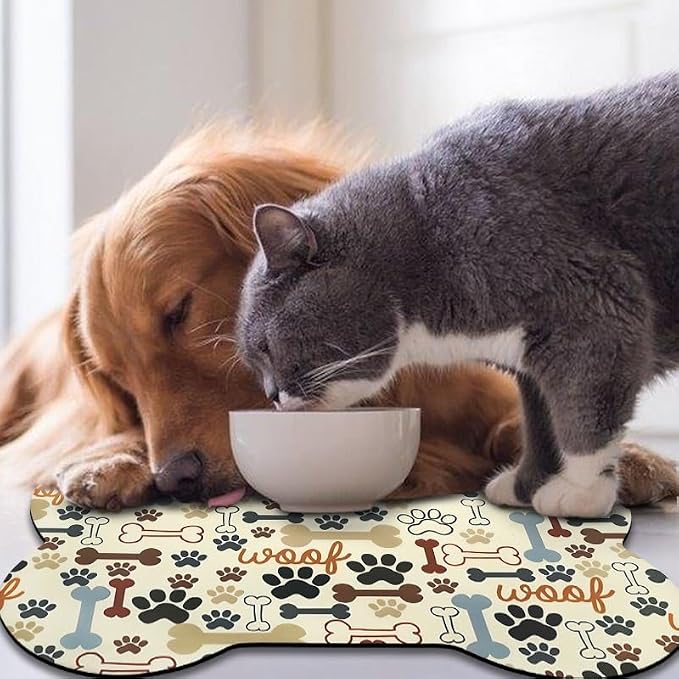 Dog Food Mats for Floors Waterproof, Pet Feeding Absorbent Water Bowl Mat Cat Placemats Beige Bone Shape 25.5 * 17 inch