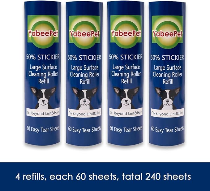 8 inch Large Surface Roller Refill for Scotch-Brite 50% Stickier Lint Roller, Works Great On Pet Hair (60 Sheets per Roll, 4 Pack)