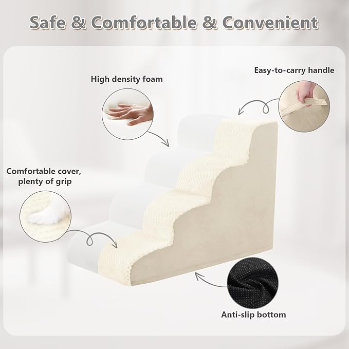 Dog Stairs Ramp, Curved 4-Step Dog Steps for Small Dogs and Cats, Pet Stairs for High Beds and Couch with Anti-Slip Washable Cover and Durable High Density Foam, Beige