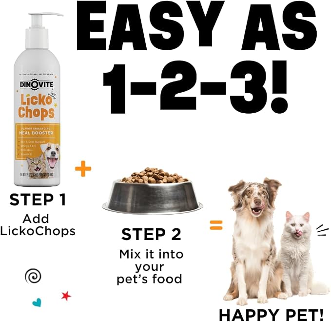 Dinovite Lickochops for Dog & Cat Supplement Enhanced with Omega-6, 3 Fatty Acids, Probiotics and Vitamin E, 16 oz with Pump