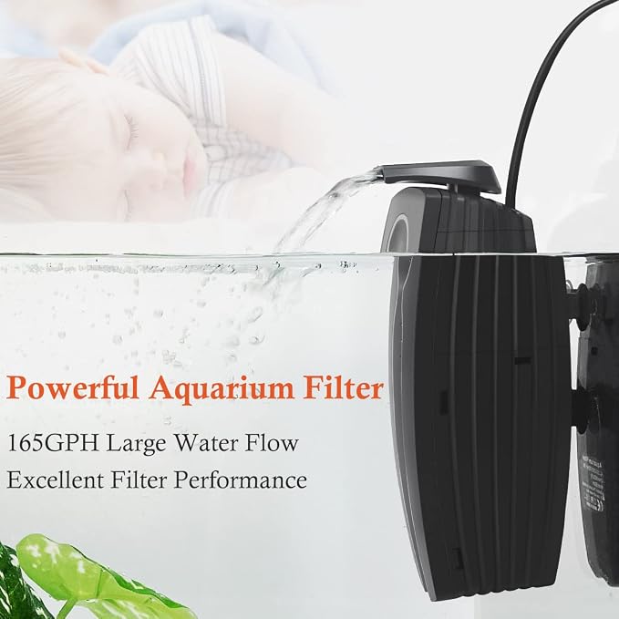 FEDOUR 165GPH Aquarium Filter, 8W Adjustable Fish Tank Filter, Submersible Internal Filter for 10-50 Gallon Tank, with Biochemical Cotton (Black)