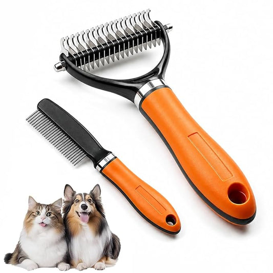 Pet Grooming Brush Tool, Double Sided Dematting Comb for Cats & Dogs, Undercoat Rake Dog Deshedding Brush, Pet Dematting Comb for Long Thick Haired Pets, Removes Tangles Knots and Loose (Orange)