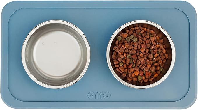 Ono Good Bowl Food & Water Double Feeder - Small to Medium Pets No Spill Non Skid Silicone Mat & Stainless Steel Bowls for Dogs or Cats (Azul)