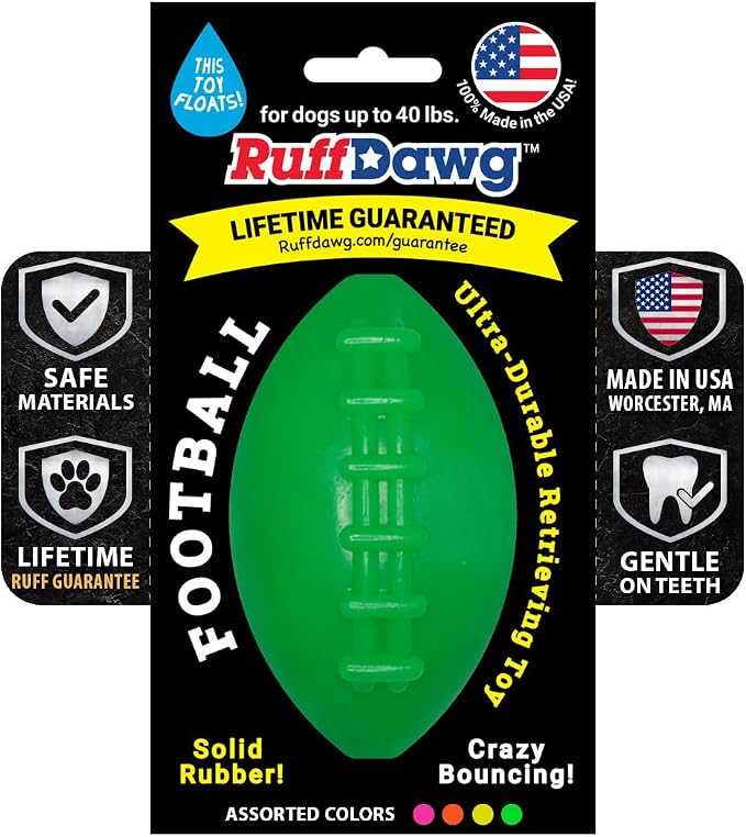 Ruff Dawg Indestructible Football Medium 4” 1pc Color Varies – Heavy-Duty Solid Rubber Dog Fetch Toy for Dogs Up to 40 lbs – Floats & Crazy Bounce – Made in USA