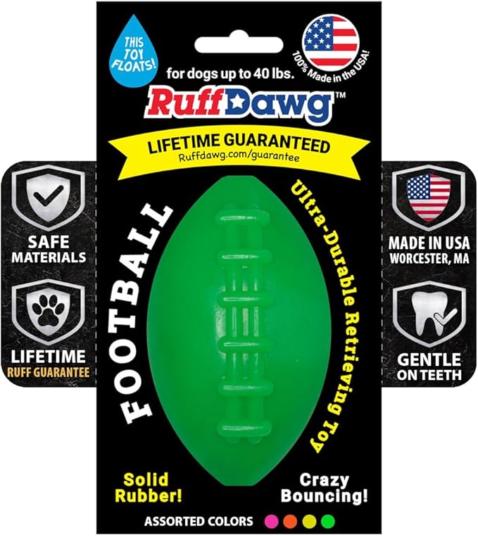 Ruff Dawg Indestructible Football Medium 4” Green – Heavy-Duty Solid Rubber Dog Fetch Toy for Dogs Up to 40 lbs – Floats & Crazy Bounce – Made in USA