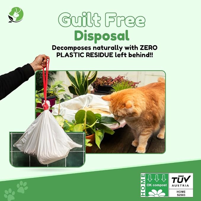 Cat Litter Box Liners - 100% Compostable - Drawstring Close - Scent Free - Jumbo Size XL (36" L x 18" W) - 40 Micron (1.6 Mil) Heavy Duty - 20 Count - Scratch, Tear & Leak Resistant