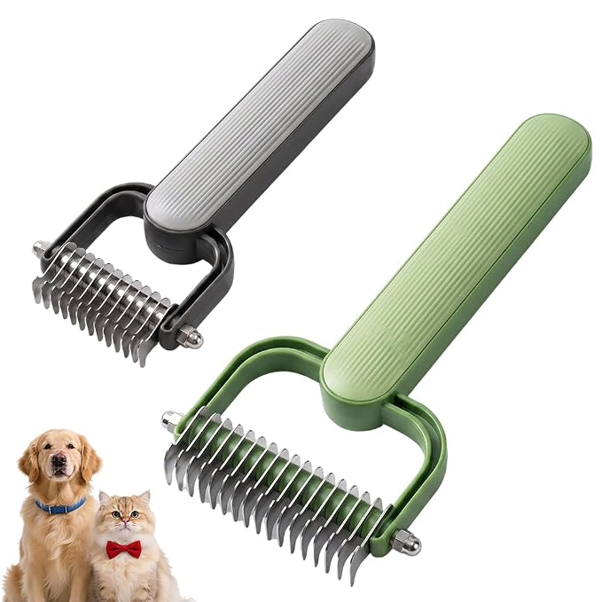 Double Sided Dematting Comb for Dogs & Cats, Undercoat Rake Pet Brush for Long Hair, Deshedding Dog Brush Removes Tangles Knots and Loose Fur, Pet Grooming Tool (Grey+Green)