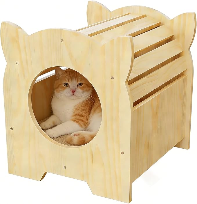Indoor Solid Wood Cat House, Adorable Cat Head + Tunnel Design, Natural Wood Finish, Easy Assembly & Maintenance, Cozy Play Haven for Small Cats Kittens