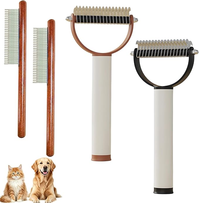 Pet Pro Grooming Tool for Dogs & Cats, Deshedding Dog Brush, Pet Grooming Brush with Undercoat Rake, Dematting Comb for Long Hair, Pet Grooming Tool for Thick Coats & Loose Fur (Mix-2pcs)