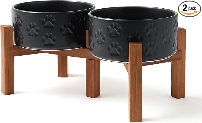 SPUNKYJUNKY Ceramic Elevated Dog Bowl Set with Acacia Wood Stand for Food and Water for Small Medium Sized Dogs (28.74 OZ, Black, Dog Paw Pattern)