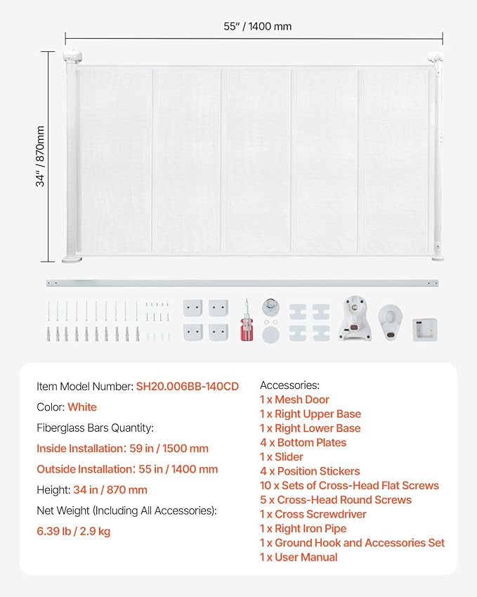 VEVOR Retractable Baby Gate, 34 inch Tall, Extends up to 55 inch Wide, Retractable Gate for Kids or Pets, Mesh Material, Easy to Install for Indoor Stairs, Doorways, Hallways, Playrooms, White