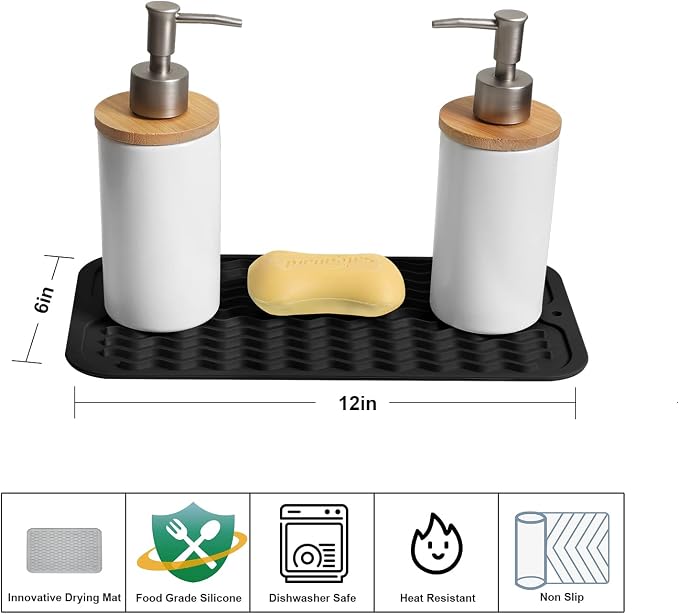 ZLR 2 Pcs Silicone Sink Caddy Tray (6" x 12" / 153 x 305mm) - Narrow Sponge Holder for Kitchen Counter - Waterproof Dish Drying Mat, Non-Slip Soap Dispenser Mat & Bathroom Vanity Organizer (Black)