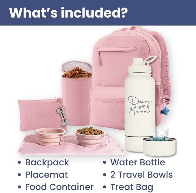 Rubyloo The Original Doggy Bag Backpack (Dusty Pink) & 32 oz Insulated Water Bottle with Attached 8 oz Bowl (Dog Mom) – Dog Travel Backpack & Hydration Set