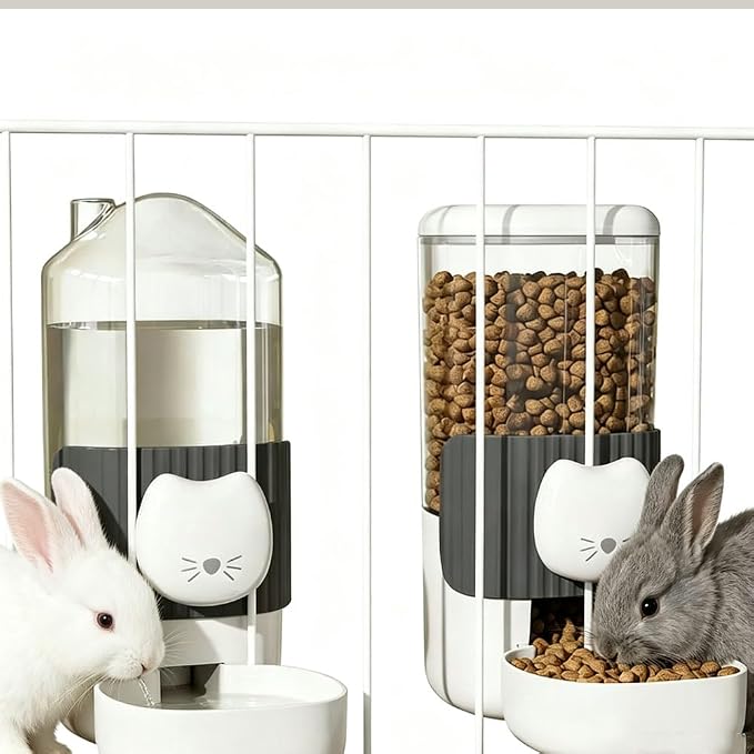 Hanging Automatic Cat Feeder and Water Dispenser Set, Gravity Pet Food & Water Bowl for Wire Cage, No-Spill Pet Feeding Station for Small Dogs Rabbits (Grey)