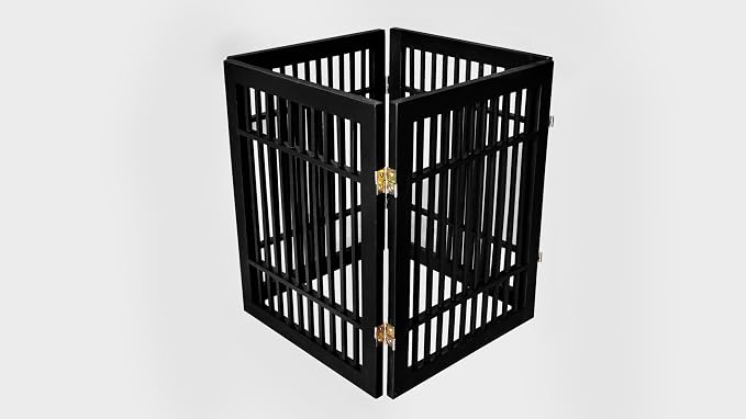 Urnporium Pet Dog Gate Freestanding, Strong Durable Folding Wooden Fence, Portable Acacia Hardwood Safety Barrier for Indoor & Outdoor Use (Black Pet Gate, 4 Panel 24" Tall)
