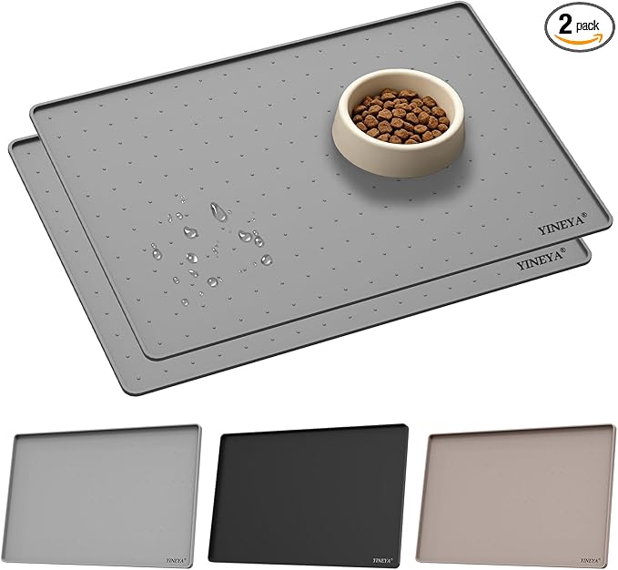 YINEYA 2 Pack Silicone Dog & Cat Food Mat Waterproof 18" x 12", Raised Edge Dog Bowl Mat for Food and Water, BPA-Free Non-Slip Pet Feeding Mats for Floors, Multifunctional Silicone Mat (Gray)
