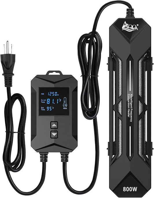 AQQA Aquarium Heater 800W/1000W/1200W/1400W Fish Tank Heater with LED Digital Display 110-120V Submersible No Pond Heaters with Overheat & Dry-Out Protection for Freshwater & Saltwater Tanks (800W)