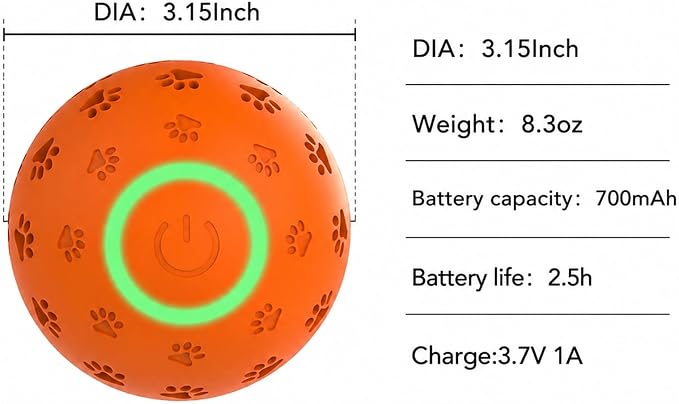 Interactive Dog Toy Ball, Durable Motion Activated Automatic Moving Ball for Small/Medium/Large Dogs, Rechargeable Dog Ball with LED Lights, 2 Play Modes to Keep Your Dog Busy (Orange)