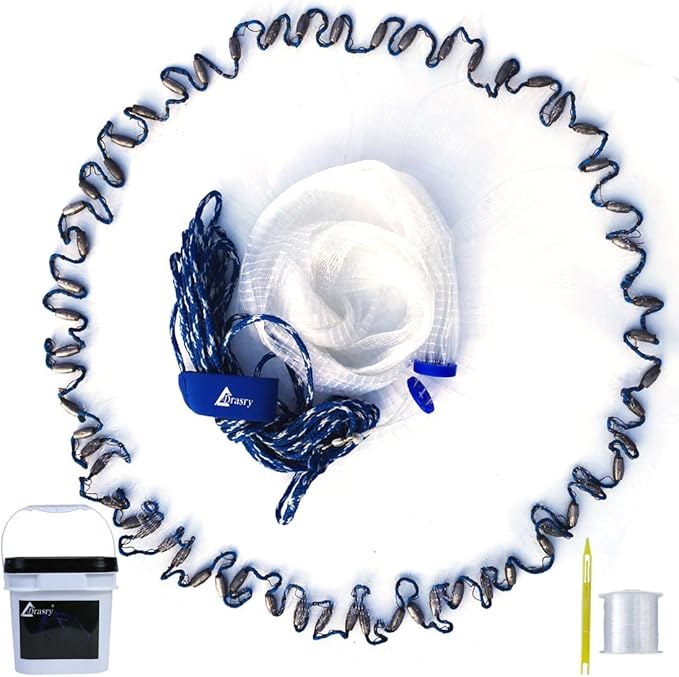 Drasry Saltwater Fishing Cast Net for Bait 3/8 1/4 or 1/2 with Heavy Sinkers Fish Trap Throw Net. Size 3ft/4ft/5ft/6ft/7ft/8ft/9ft/10ft Radius Freshwater Nets