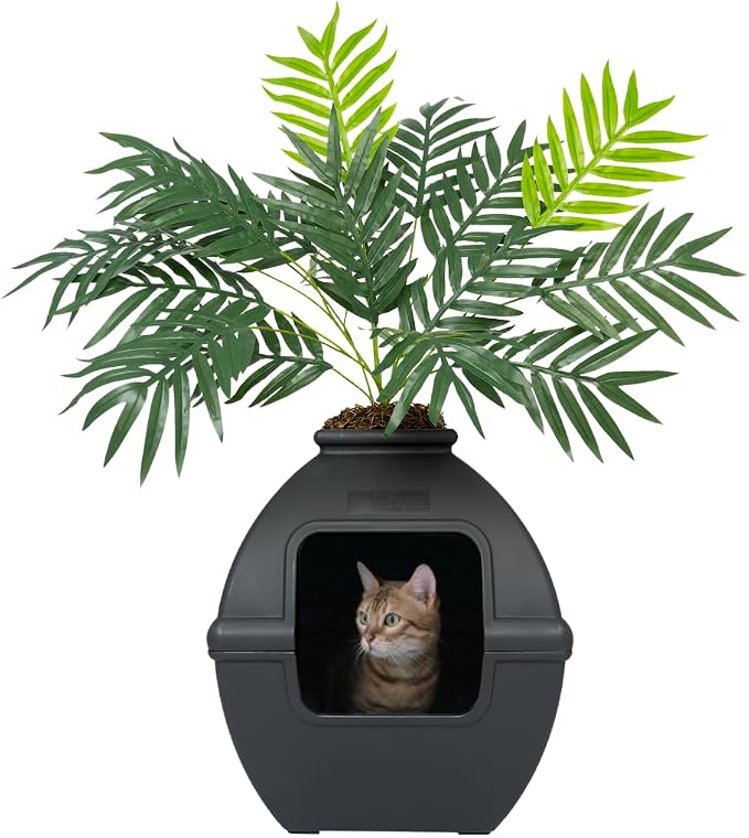 Good Pet Stuff Courtyard Hidden Litter Box Planter, Decorative Cat Litter Enclosure with Carbon Filter, Artificial Palm Plant, Square Design, Easy to Clean, Base Kit, Black Suede