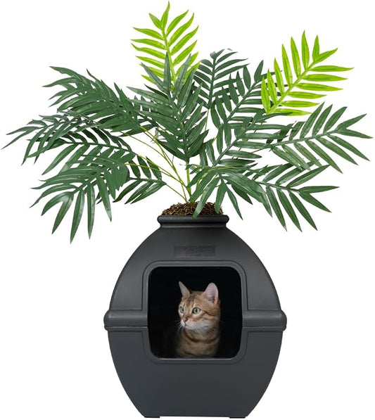 Good Pet Stuff Courtyard Hidden Litter Box Planter, Decorative Cat Litter Enclosure with Carbon Filter, Artificial Palm Plant, Square Design, Easy to Clean, Base Kit, Black Suede