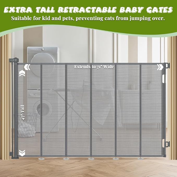 47" Extra Tall Retractable Baby Gates, Extends to 71" Wide, ExtraTall Retractable Safety Gate with Reinforced Strips, Retractable Tall Dog Gates for Doorways Mesh Baby Pet Gates Indoor, Grey