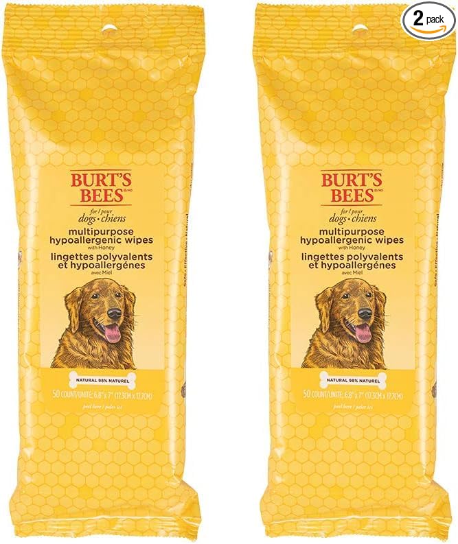 Burt's Bees for Pets Honey Multipurpose Dog Grooming Wipes, Gentle Hypoallergenic Spot Cleaning Sheets, pH Balanced Natural Origin Formula for Paws, Face and Butt, 50 Count - 2 Pack